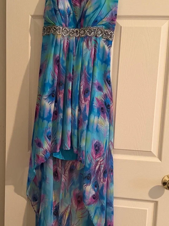 Strapless High-Low Blue & Purple Floral Evening Dress - Picture 2 of 3